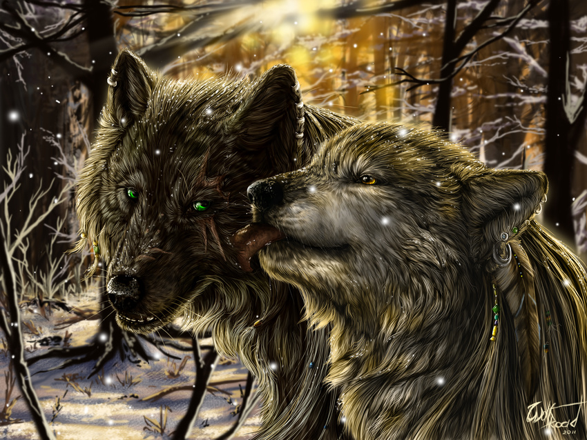 canine couple feather forest green_eyes jewelry kissing licking mammal scar scenery smile snow snowing tongue tongue_out tree were werewolf wolfroad wood yellow_eyes