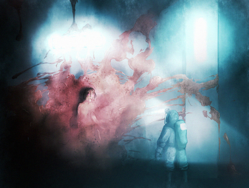 blood body_horror commentary dress flashlight guro onibi_(foxhound4185) original pink_dress surreal