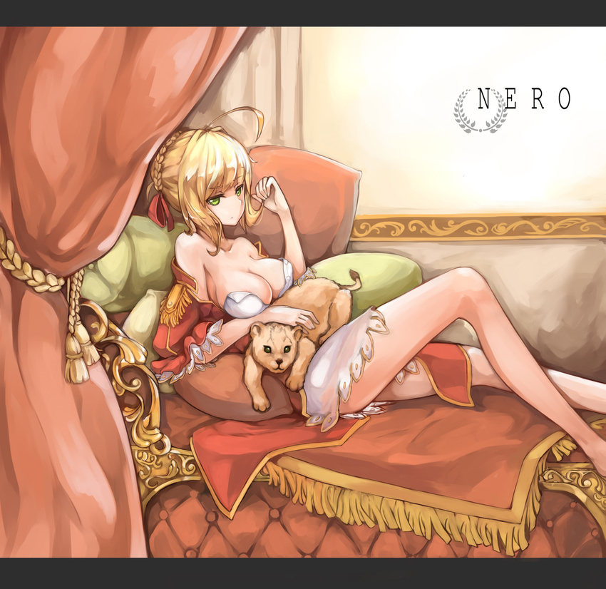 1girl ahoge blonde_hair braid breasts cub curtains epaulettes fate/extra fate_(series) green_eyes highres large_breasts lion nero_claudius_(fate) nero_claudius_(fate)_(all) partially_undressed sagging_breasts