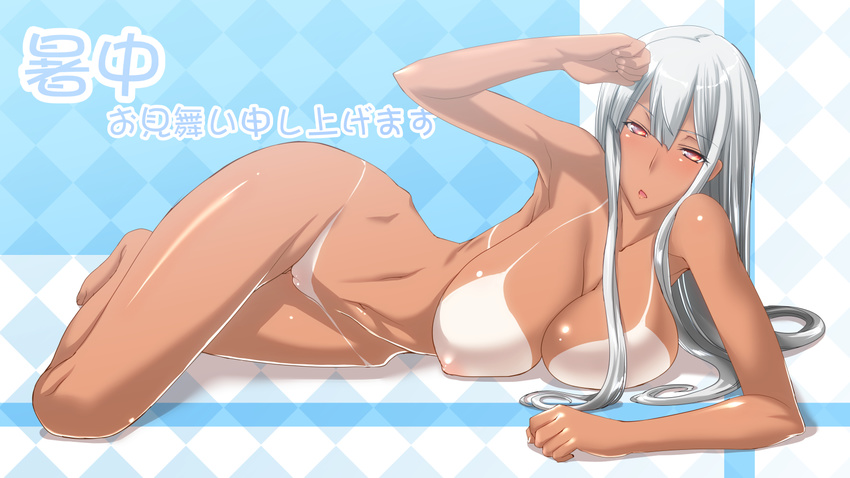 bikini_tan breasts ebido highres large_breasts long_hair nude red_eyes selvaria_bles senjou_no_valkyria silver_hair solo tan tanline translation_request very_long_hair