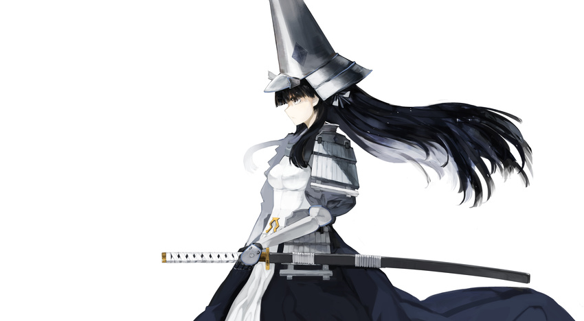 absurdres armor black_hair floating_hair from_side grey_eyes helmet highres japanese_armor katana kote kusazuri long_hair ootachi profile rance_(series) saberiii samurai sengoku_rance sheath sheathed shoulder_armor simple_background sode solo sword uesugi_kenshin_(rance) very_long_hair weapon white_background