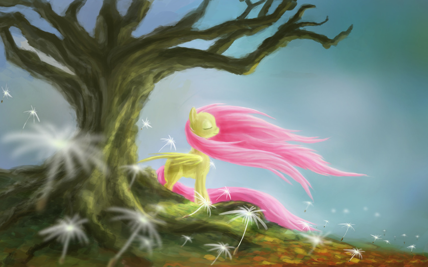 cloud clouds equine eyes_closed feathers female feral flower fluttershy_(mlp) friendship_is_magic grass hair horse long_hair mammal my_little_pony nelvakre outside pegasus pink_hair pony sky smile solo tree windy wings