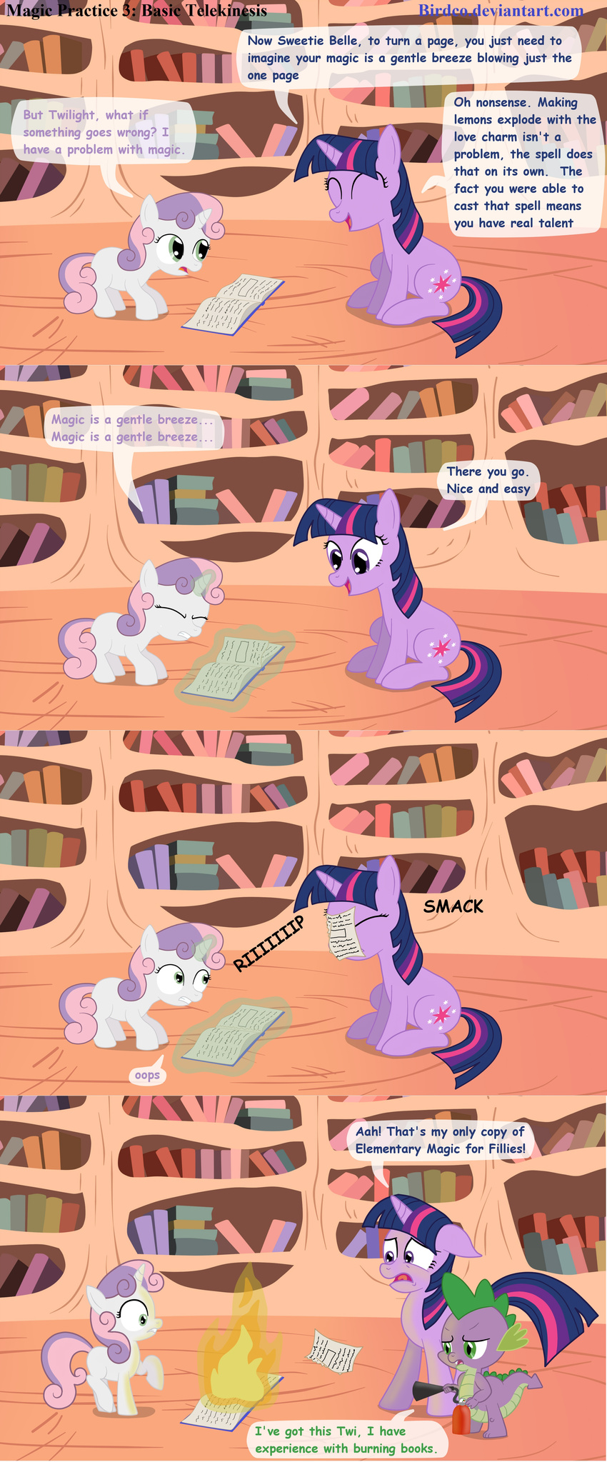 birdco book comic cub cutie_mark dialog doing_it_wrong dragon english_text equine female feral fire friendship_is_magic group horn horse magic male mammal my_little_pony oops pony rip scalie spike_(mlp) sweetie_belle_(mlp) text twilight_sparkle_(mlp) unicorn young