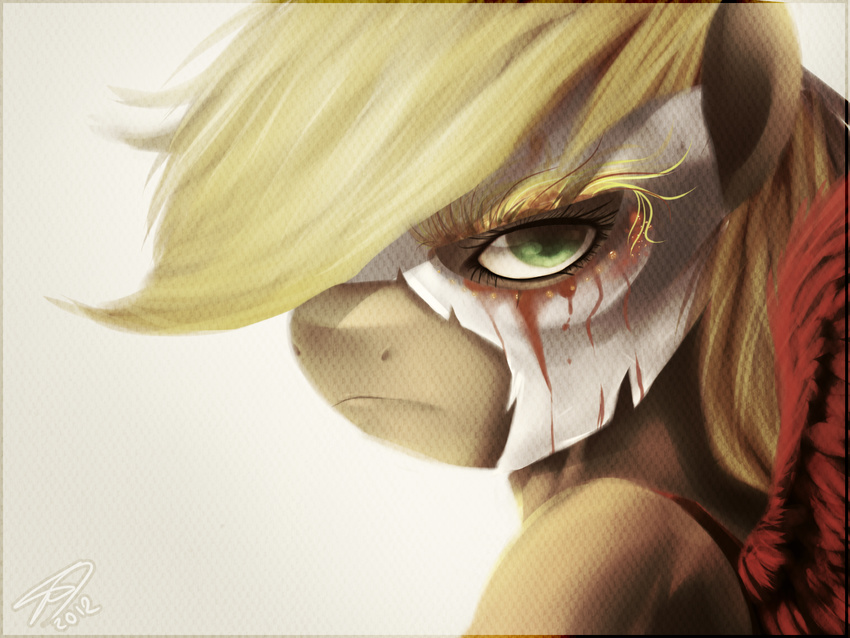 applejack_(mlp) blonde_hair equine female friendship_is_magic green_eyes hair horse imalou looking_at_viewer mammal mask my_little_pony plain_background pony solo white_background wings