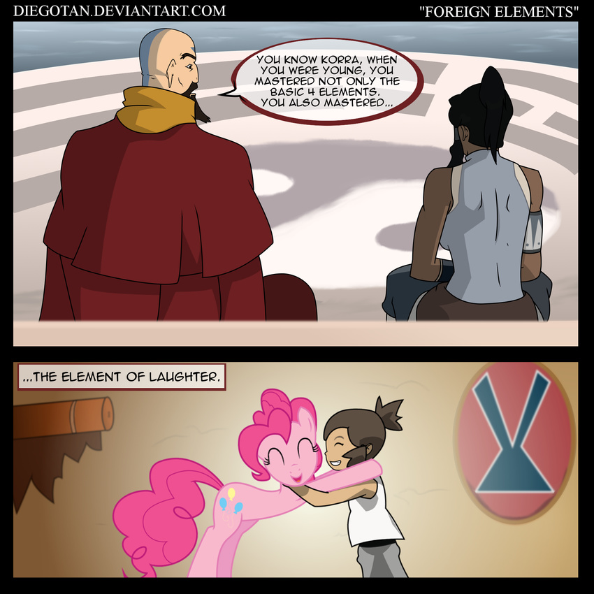 beard clothing comic crossover cutie_mark dialog diegotan english_text equine eyes_closed facial_hair female feral friendship_is_magic hair horse hug human korra male mammal my_little_pony pink_body pink_hair pinkie_pie_(mlp) pony smile tattoo tenzin text young