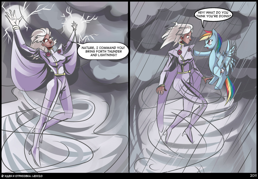 angry comic crossover english_text equine female feral flying friendship_is_magic hair horse human lexx2dot0 mammal marvel multi-colored_hair my_little_pony pegasus pony purple_eyes rain rainbow_dash_(mlp) rainbow_hair storm storm_(marvel) storm_(x-men) text white_eyes white_hair wings x-men