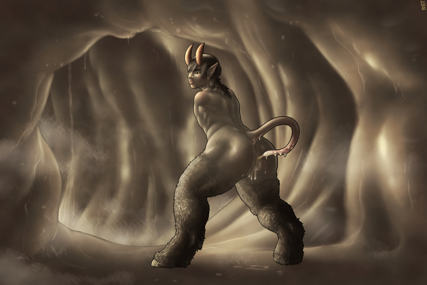cave corruption dripping fog fur grey_fur grey_skin grey_theme hair hi_res hooves horn human invalid_background invalid_tag looking_back male mot muscles nightmare_fuel not_furry nude pointy_ears satyr shiny slimy solo standing tailjob thick_thighs wet wide_hips