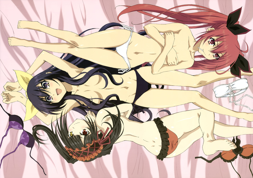 bicolored_eyes bikini breast_hold cleavage date_a_live itsuka_kotori nyantype swimsuit tokisaki_kurumi topless watanabe_shuu yatogami_tohka