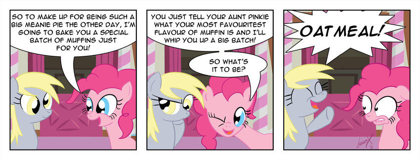 amber_eyes blonde_hair blue_eyes comic derp derpy_hooves_(mlp) dialog duo english_text equine female feral friendship_is_magic fur grey_fur hair horse loomx mammal my_little_pony one_eye_closed pink_fur pink_hair pinkie_pie_(mlp) pony text thinking wink