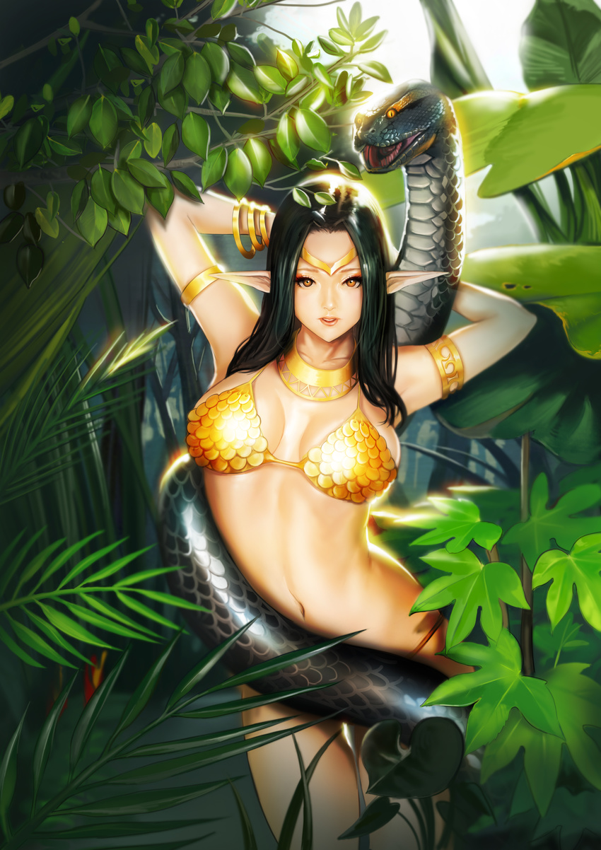 absurdres anaconda armband armpits arms_up bikini black_hair bracelet breasts brown_eyes circlet elf gloves highres jewelry jungle large_breasts leaf long_hair nature navel necklace original pointy_ears silvester single_glove snake solo swimsuit