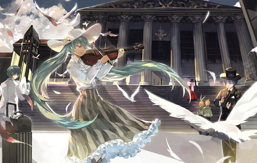 bag bird building character_request closed_eyes cloud column dove feathers green_hair hat hatsune_miku highres instrument kagamine_len kagamine_rin kaito long_hair long_skirt megurine_luka music pillar playing_instrument rolling_suitcase saberiii skirt sky stairs suitcase sun_hat top_hat twintails very_long_hair violin vocaloid
