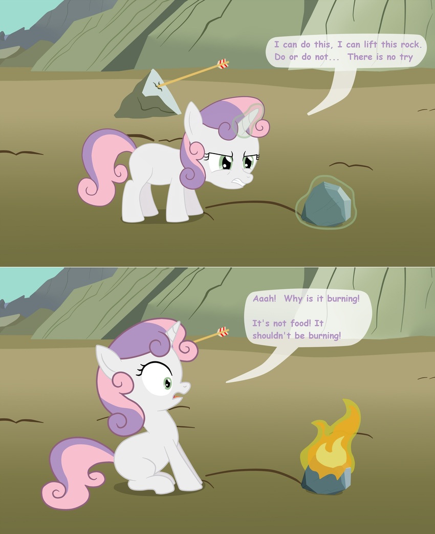 arrowed birdco comic concentration confusion cub doing_it_wrong dumb_magic english_text equine female feral fire friendship_is_magic green_eyes horn horse humor magic mammal my_little_pony open_mouth outside pony rock shocked solo speech_balloon sweetie_belle_(mlp) text unicorn young
