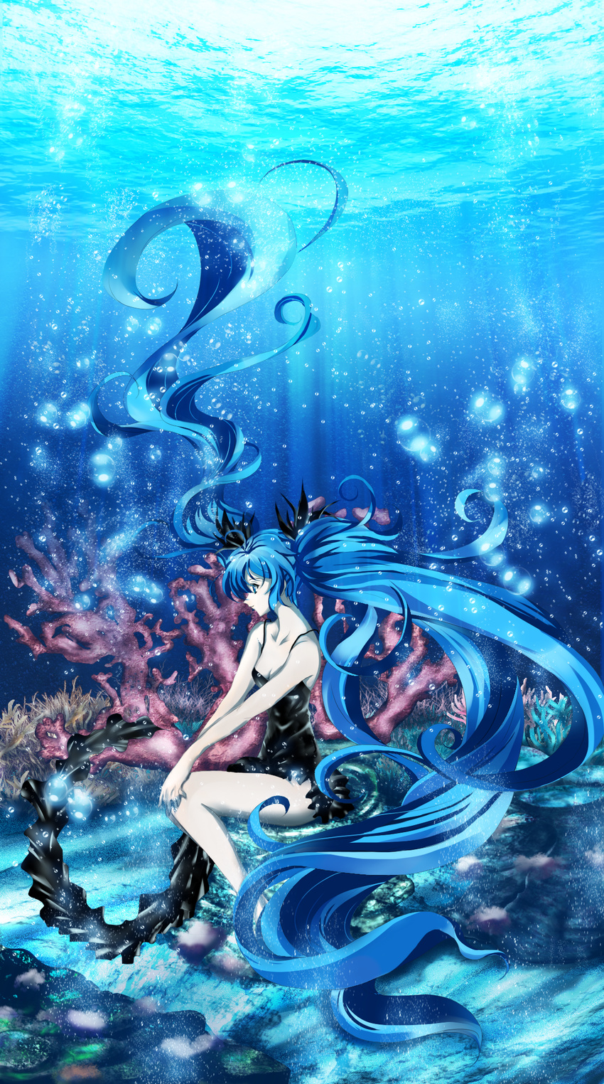 bad_id bad_pixiv_id blue_eyes blue_hair bubble coral dress floating_hair hatsune_miku highres long_hair purlchite shinkai_shoujo_(vocaloid) sitting solo submerged twintails underwater very_long_hair vocaloid wet wet_clothes