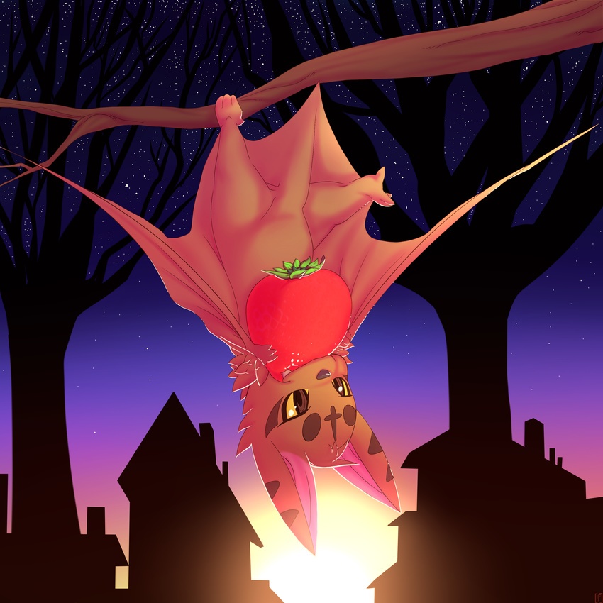 ambiguous_gender bat branch brown_body brown_eyes cross fangs feral fruit hanging hi_res house mammal night nude outside rudragon solo stars strawberry sun sunset tree upside_down wings