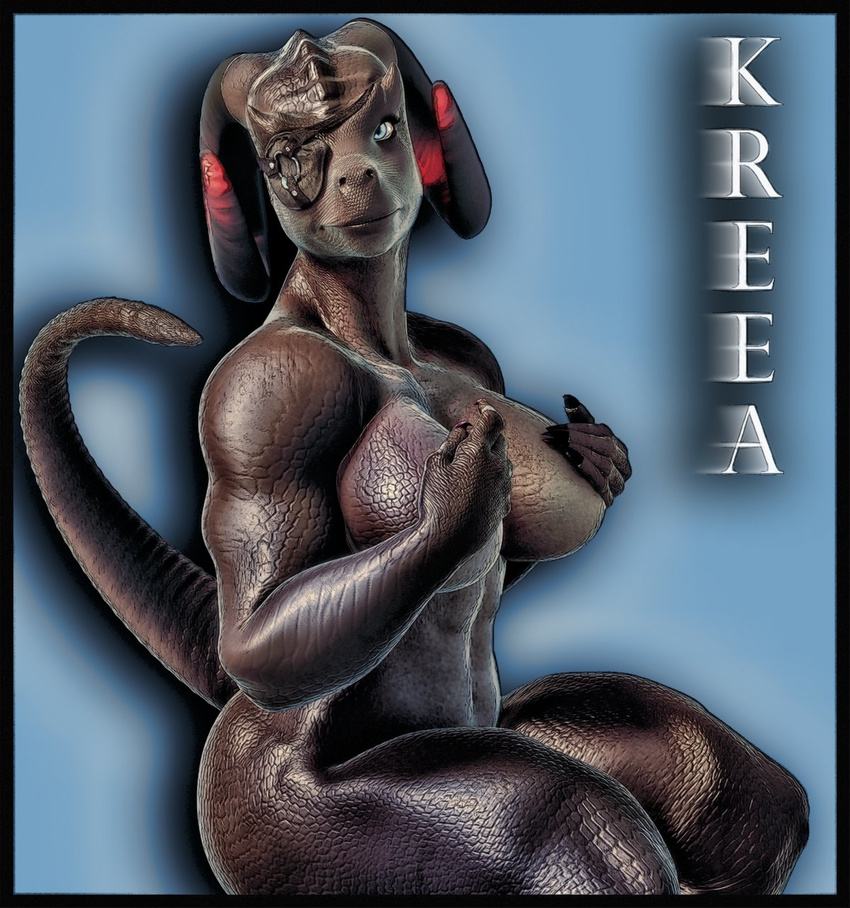 blue_eyes breasts dragon eye_patch eyewear female horn kreea muscles nude xrayzebra4