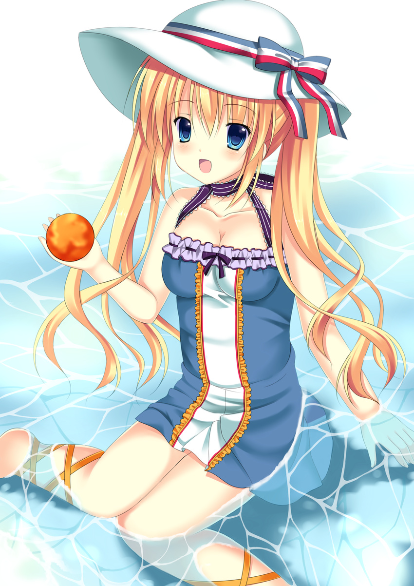 absurdres blonde_hair blue_eyes breasts choker cleavage dress food france fruit hat hat_ribbon highres kurusu_ren lace long_hair medium_breasts open_mouth orange orangina personification ribbon sitting smile solo sun_hat twintails water