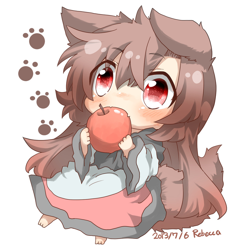 animal_ears apple artist_name bad_id bad_pixiv_id biting blush brown_hair chibi dated fangs food fruit highres imaizumi_kagerou long_sleeves paw_print rebecca_(keinelove) red_eyes shirt skirt solo tail touhou wide_sleeves wolf_ears wolf_tail