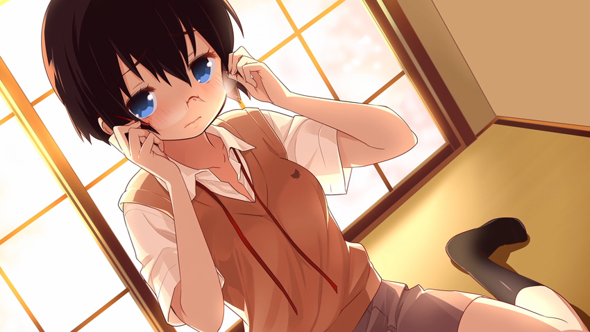 adjusting_eyewear backlighting black_legwear blue_eyes blush brown_hair dutch_angle end_card feet fingers glasses hands hands_on_eyewear highres kneehighs kuroda_bb looking_at_viewer no_shoes non-web_source official_art on_floor ore_no_imouto_ga_konna_ni_kawaii_wake_ga_nai red-framed_eyewear removing_eyewear rimless_eyewear school_uniform screencap short_hair sitting socks solo sweater_vest tamura_manami undone_tie wariza wavy_mouth