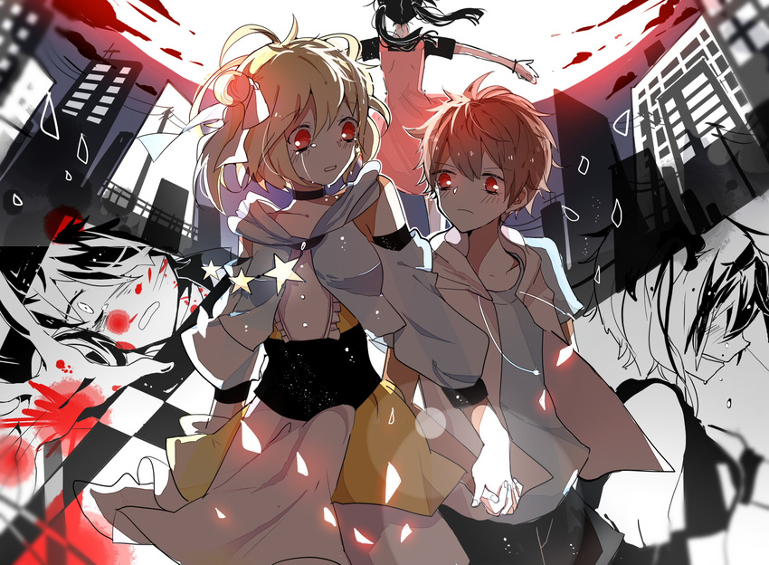 2girls amamiya_hibiya asahina_hiyori black_hair blonde_hair blood brown_hair highres holding_hands hood hoodie kagerou_project kisaragi_momo multiple_girls otsukimi_recital_(vocaloid) outstretched_arms reaching red_eyes rmm short_hair side_ponytail spread_arms tears