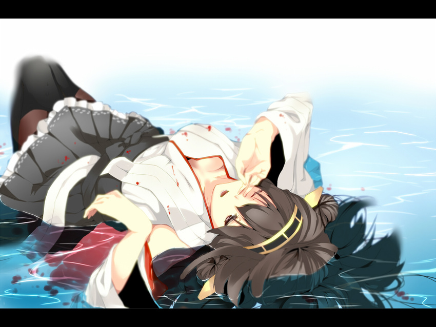 black_legwear boots breasts brown_hair cleavage commentary_request detached_sleeves hair_ornament headgear hrk173 japanese_clothes kantai_collection kongou_(kantai_collection) letterboxed long_hair lying medium_breasts on_back open_mouth partially_submerged skirt solo thighhighs upside-down water wide_sleeves wince