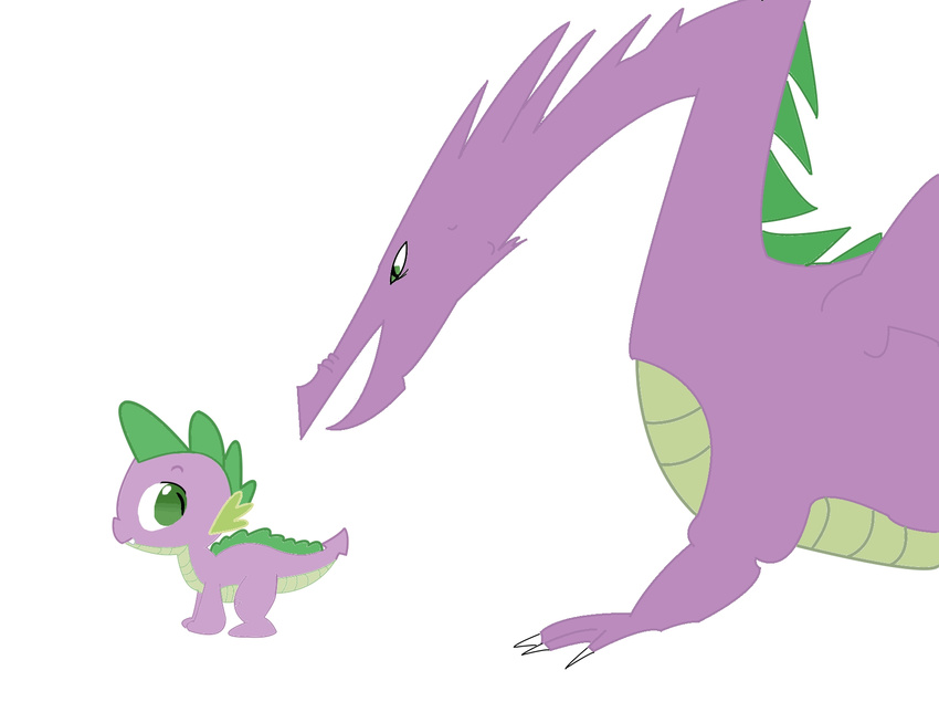 dragon dual_persona fangs friendship_is_magic green_eyes male my_little_pony open_mouth plain_background purple_scales scalie side_view solo spike_(mlp) white_background wings