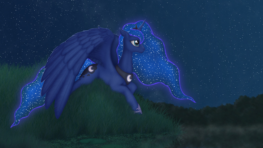 equine female feral friendship_is_magic horn horse mammal my_little_pony on_stomach pony princess princess_luna_(mlp) royalty solo stars tiara winged_unicorn wings wiredhooves