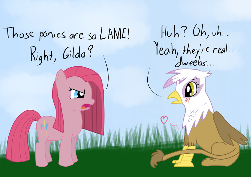 &lt;3 avian beak blue_eyes blush brown_feathers brown_fur dialog duo english_text equine feather_hair female feral friendship_is_magic fur gilda_(mlp) grass gryphon hair hip-indeed horse mammal my_little_pony open_mouth outside pink_fur pink_hair pinkie_pie_(mlp) pony side_view sky text white_feathers wings yellow_eyes