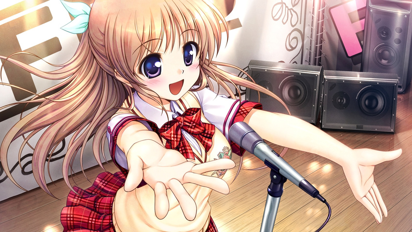 :d bekkankou blush bow daitoshokan_no_hitsujikai game_cg hair_ribbon microphone microphone_stand non-web_source open_mouth outstretched_arms outstretched_hand plaid plaid_bow plaid_neckwear plaid_skirt pleated_skirt ribbon school_uniform shirasaki_tsugumi skirt smile solo speaker sweater vest