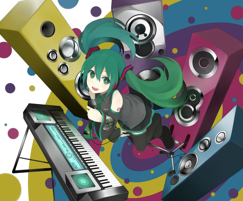 boots detached_sleeves from_above green_eyes green_hair hatsune_miku instrument keyboard_(instrument) long_hair microphone microphone_stand necktie nnyu skirt solo speaker thigh_boots thighhighs twintails very_long_hair vocaloid