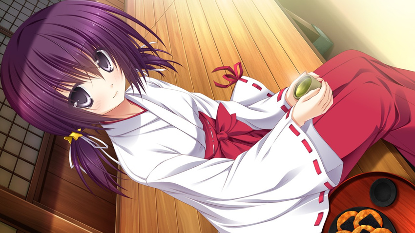 16:9 1girl akatsuki_tetora black_eyes blush breasts cup food game_cg hair_ornament highres japanese_clothes looking_at_viewer miko otome_ha_karen_ni_koi_ni_mai! purple_hair short_hair sitting smile solo steam twintails wooden_floor