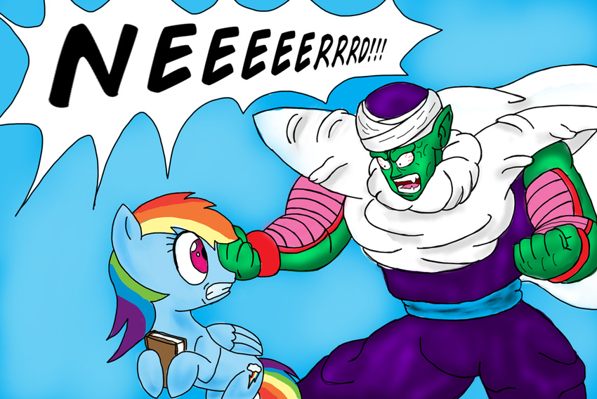 3-legged_gerbil anger_vein blue_fur book clothed clothing crossover cutie_mark dragon_ball dragon_ball_z dragon_ball_z_abridged duo english_text equine female feral friendship_is_magic fur green_body hair horse looking_back male mammal multi-colored_hair my_little_pony namekian pegasus piccolo pony purple_eyes rainbow_dash_(mlp) rainbow_hair text turban vein wings