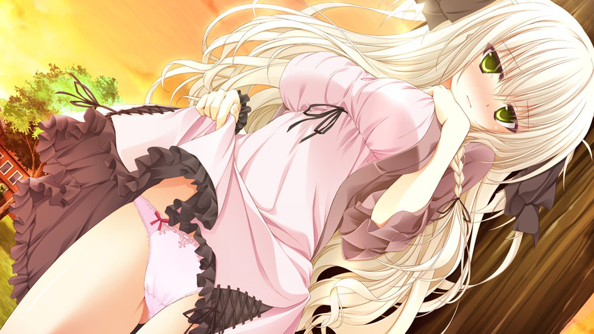 16:9 1girl akatsuki_tetora blonde_hair blush breasts cloud clouds dress dress_lift embarrassed evening game_cg green_eyes highres large_breasts legs long_hair looking_at_viewer otome_ha_karen_ni_koi_ni_mai! panties sky solo standing thighs tree underwear wallpaper