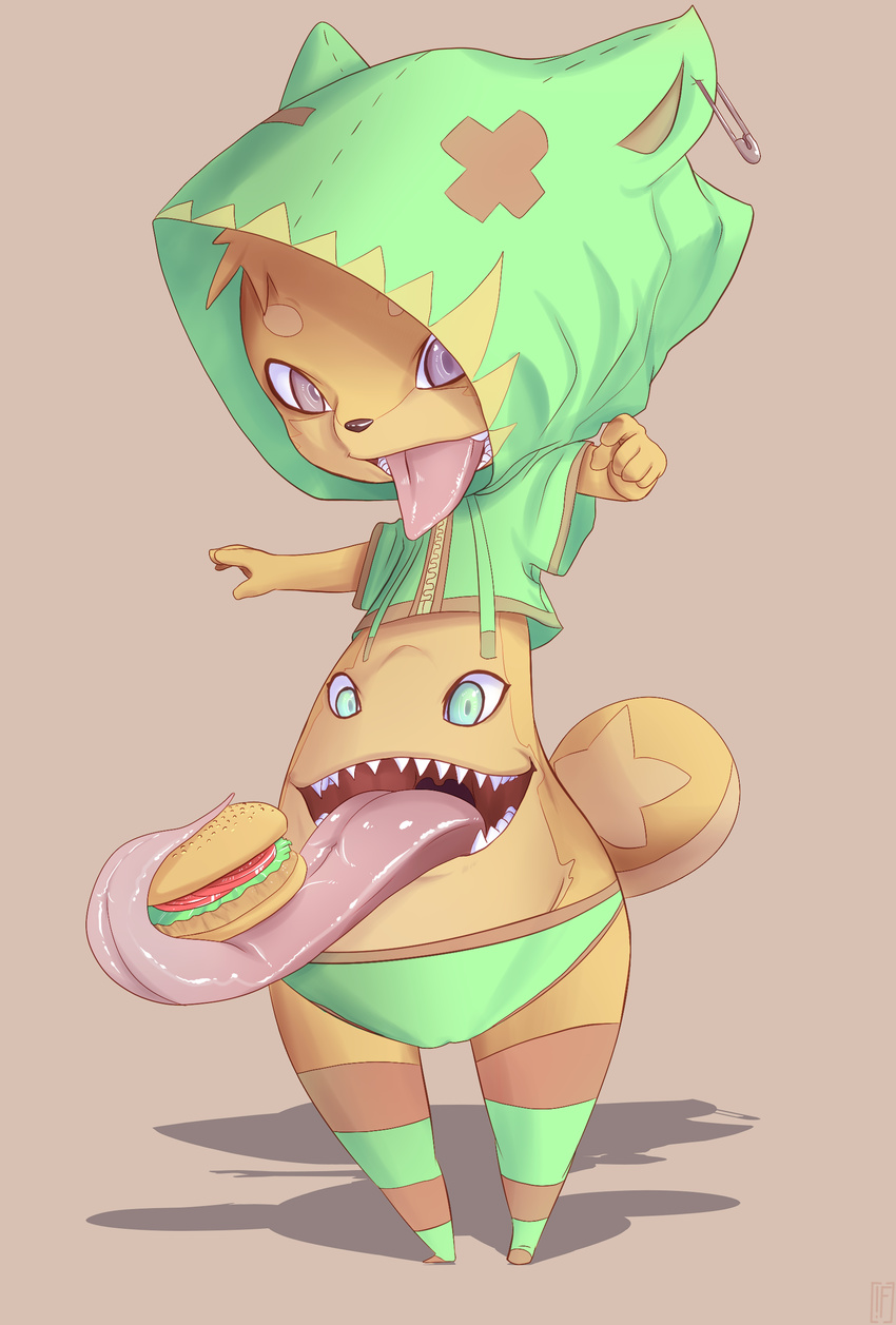 bear biscuit_(character) brown_fur burger chibi cub food fur green_eyes hoodie legwear mammal panties plain_background purple_eyes rudragon safety_pin shadow solo stomach_mouth sweater teeth tights tongue tongue_out underwear unknown_species young zipper
