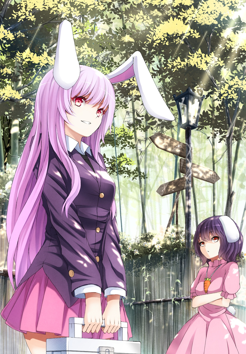 :o animal_ears between_breasts black_hair blazer breasts brown_eyes bunny_ears buttons carrot carrot_necklace crossed_arms day dress fence highres holding inaba_tewi jacket jewelry lantern lavender_hair light_rays long_hair long_sleeves looking_at_viewer mikoma_sanagi multiple_girls nature necklace outdoors pendant pink_dress pink_skirt purple_hair red_eyes reisen_udongein_inaba shade short_hair short_sleeves signpost skirt small_breasts smile standing sunbeam sunlight touhou tree v_arms very_long_hair