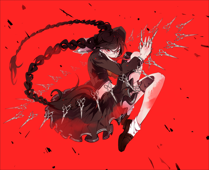 braid brown_hair danganronpa danganronpa_1 fukawa_touko genocider_shou glasses highres holster long_hair long_tongue looking_at_viewer midriff qinnye red_background red_eyes school_uniform scissors serafuku skirt solo spoilers thigh_holster tongue twin_braids