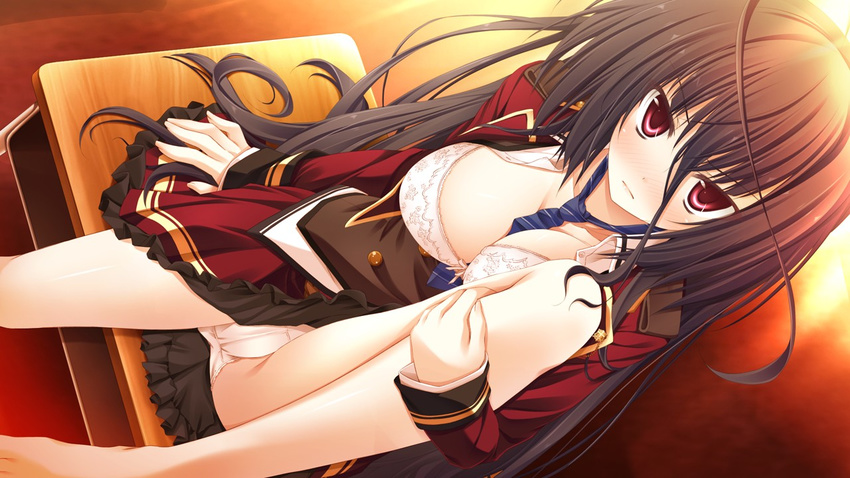 16:9 1girl akatsuki_tetora black_hair blush bra breasts cleavage desk game_cg highres kiryuu_erika large_breasts leg_up long_hair looking_at_viewer necktie open_clothes open_shirt otome_ha_karen_ni_koi_ni_mai! panties pantyshot pink_eyes school_uniform shirt sitting skirt solo underwear upskirt