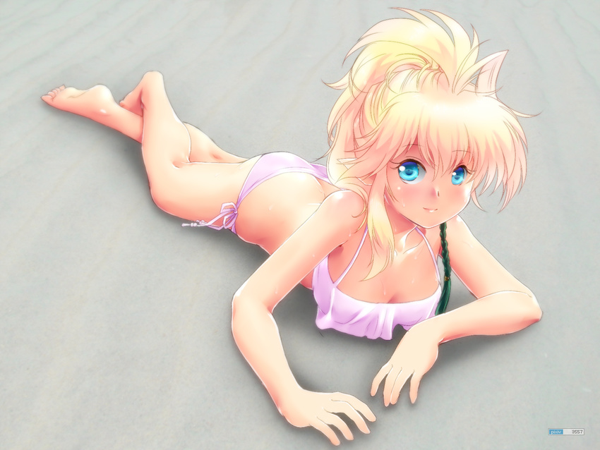 arm_support bare_legs barefoot beach bikini bikini_bottom blonde_hair blue_eyes blush breasts cleavage elf halter_top halterneck legs light_smile long_hair looking_at_viewer lying medium_breasts on_stomach original pointy_ears side-tie_bikini solo swimsuit yagisaka_seto