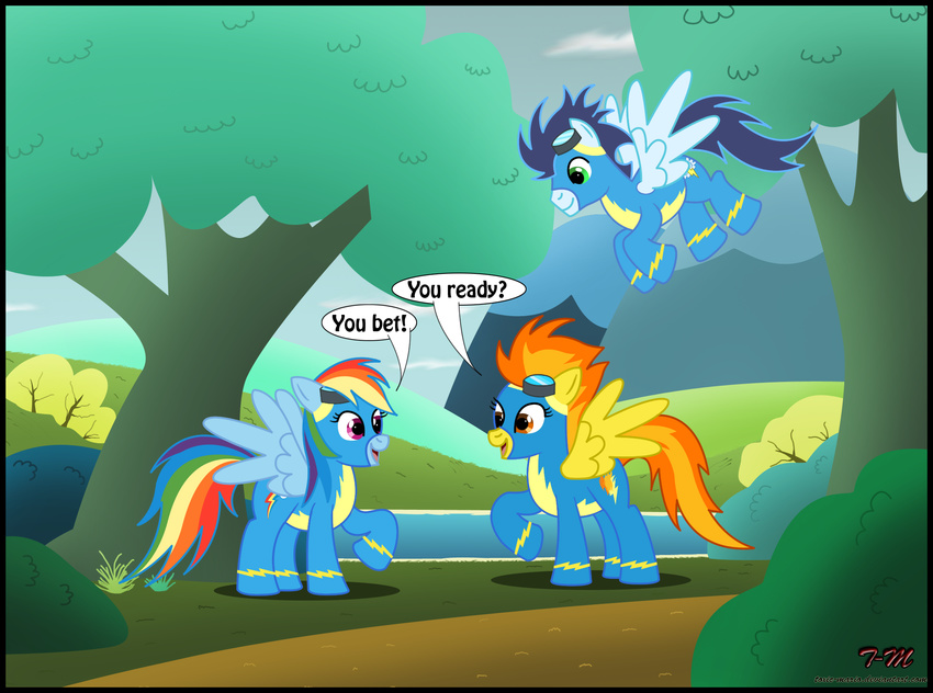 blue_feathers blue_fur blue_hair bodysuit equine female feral friendship_is_magic fur group hair horse male mammal multi-colored_hair my_little_pony pegasus pony rainbow_dash_(mlp) rainbow_hair skinsuit soarin_(mlp) spitfire_(mlp) toxic-mario tree wings wonderbolts_(mlp) wood yellow_feathers yellow_fur