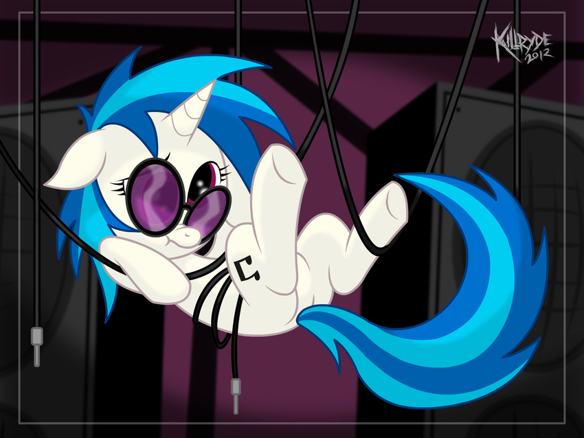 blue_hair cutie_mark equine eyewear female feral friendship_is_magic fur glasses hair horn horse killryde mammal my_little_pony pony purple_eyes short_hair solo two_tone_hair unicorn vinyl_scratch_(mlp) white_fur wires