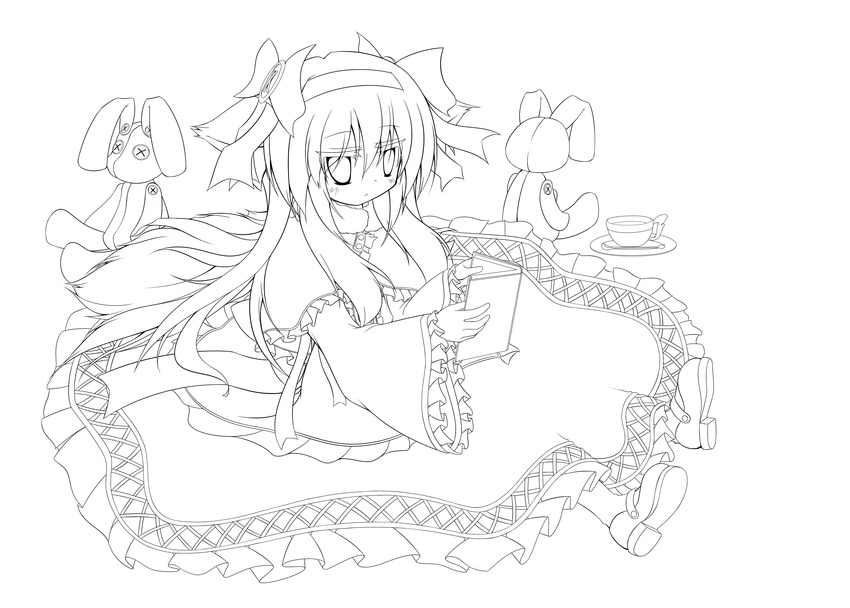 absurdres animal_ears cat_ears dress greyscale highres lineart long_hair monochrome original sakurano_asahi sitting solo