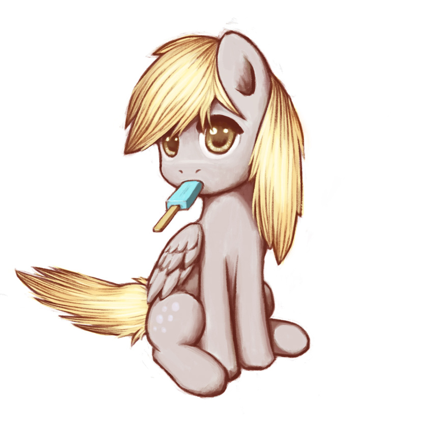 amber_eyes blonde_hair cutie_mark derpy_hooves_(mlp) equine female feral friendship_is_magic fur grey_fur hair hi_res horse ice_cream looking_at_viewer lurarin mammal my_little_pony pegasus plain_background pony sitting solo white_background wings