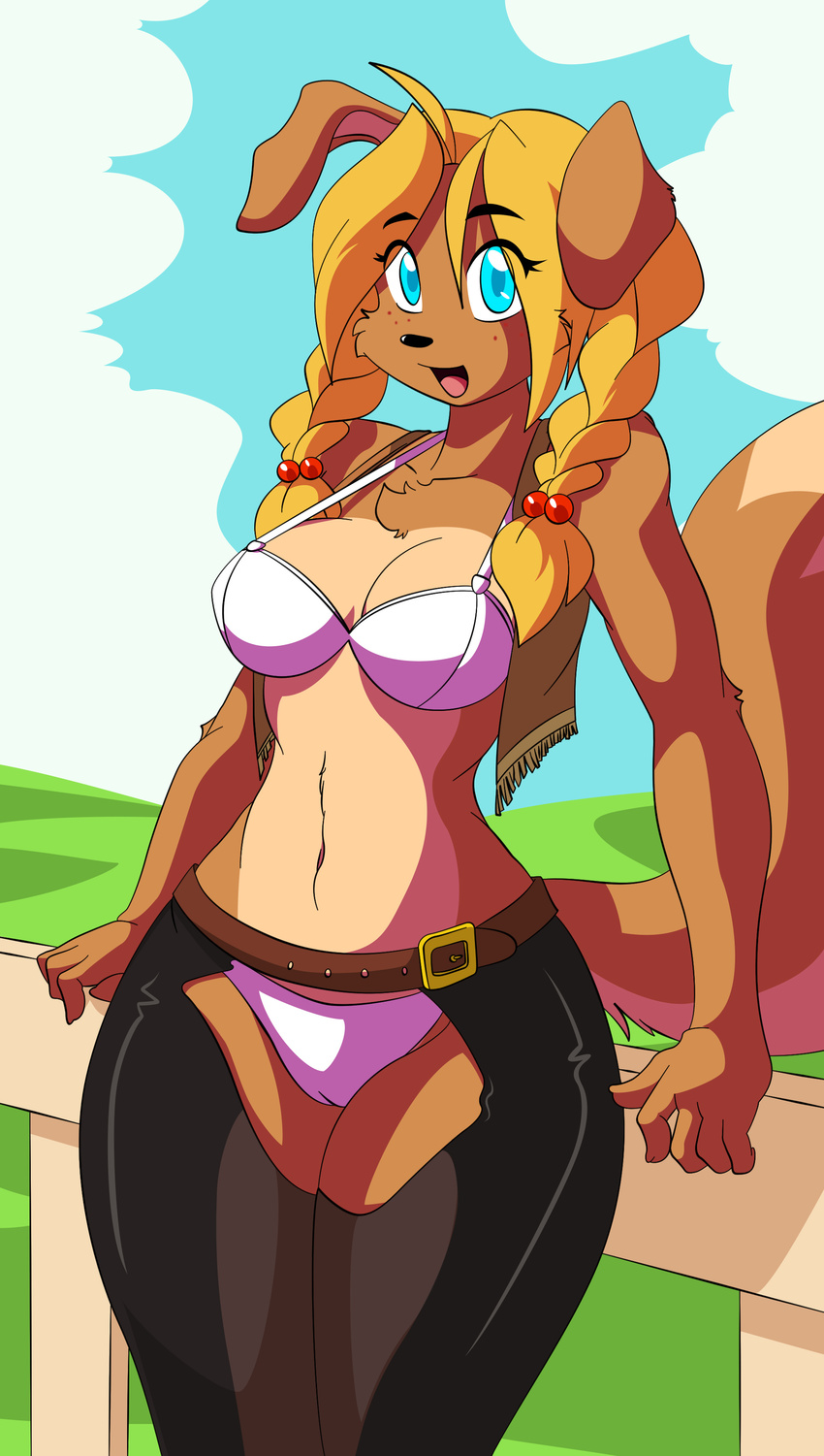 blonde_hair blue_eyes bra breasts brown_fur camel_toe canine chest_tuft cowboy_outfit edit female fur hair las_lindas looking_at_viewer mammal open_mouth pose smile solo string_panties sunny_(chalo) tuft underwear