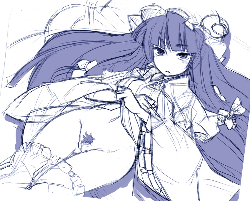 :&lt; breasts long_hair medium_breasts monochrome nada_haruka no_nose patchouli_knowledge pubic_hair pussy sketch thighhighs touhou very_long_hair