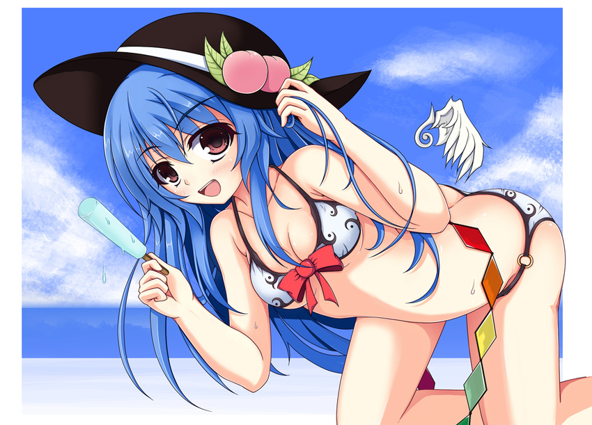 all_fours bikini blue_hair chitosy food fruit hat hinanawi_tenshi long_hair md5_mismatch peach popsicle red_eyes solo swimsuit touhou