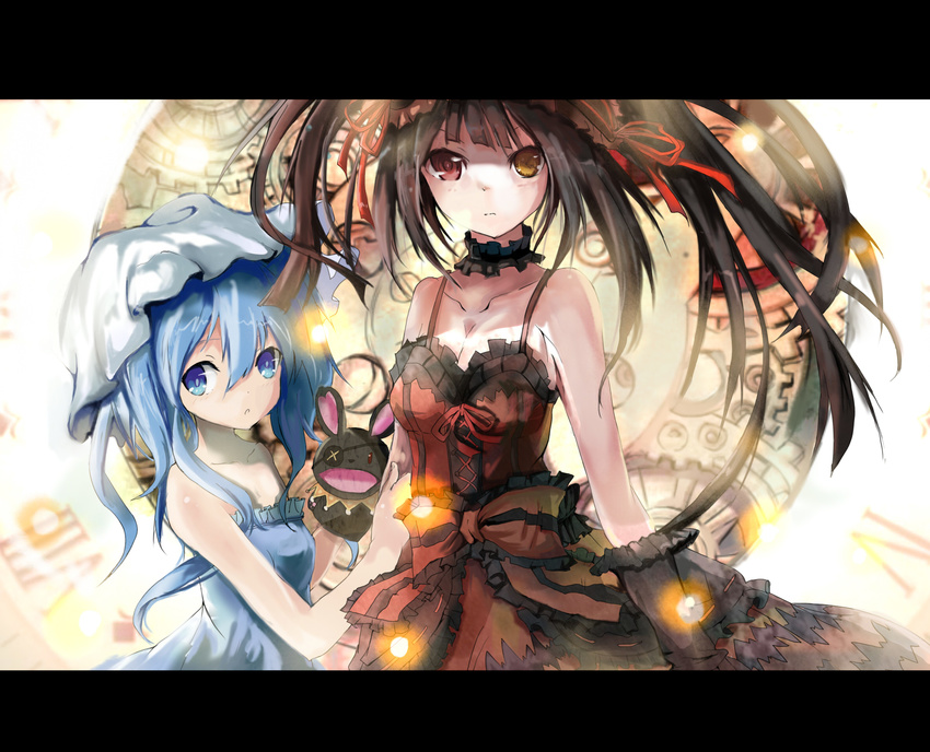 alternate_color bad_id bad_pixiv_id bare_shoulders black_hair blue_eyes blue_hair bow breasts cleavage clock_eyes date_a_live dress eyepatch gears hairband hand_puppet hat heterochromia highres letterboxed lolita_fashion lolita_hairband long_hair looking_at_viewer medium_breasts mitu_yang multiple_girls open_mouth puppet red_eyes ribbon roman_numerals stuffed_animal stuffed_bunny stuffed_toy symbol-shaped_pupils tokisaki_kurumi twintails yellow_eyes yoshino_(date_a_live) yoshinon