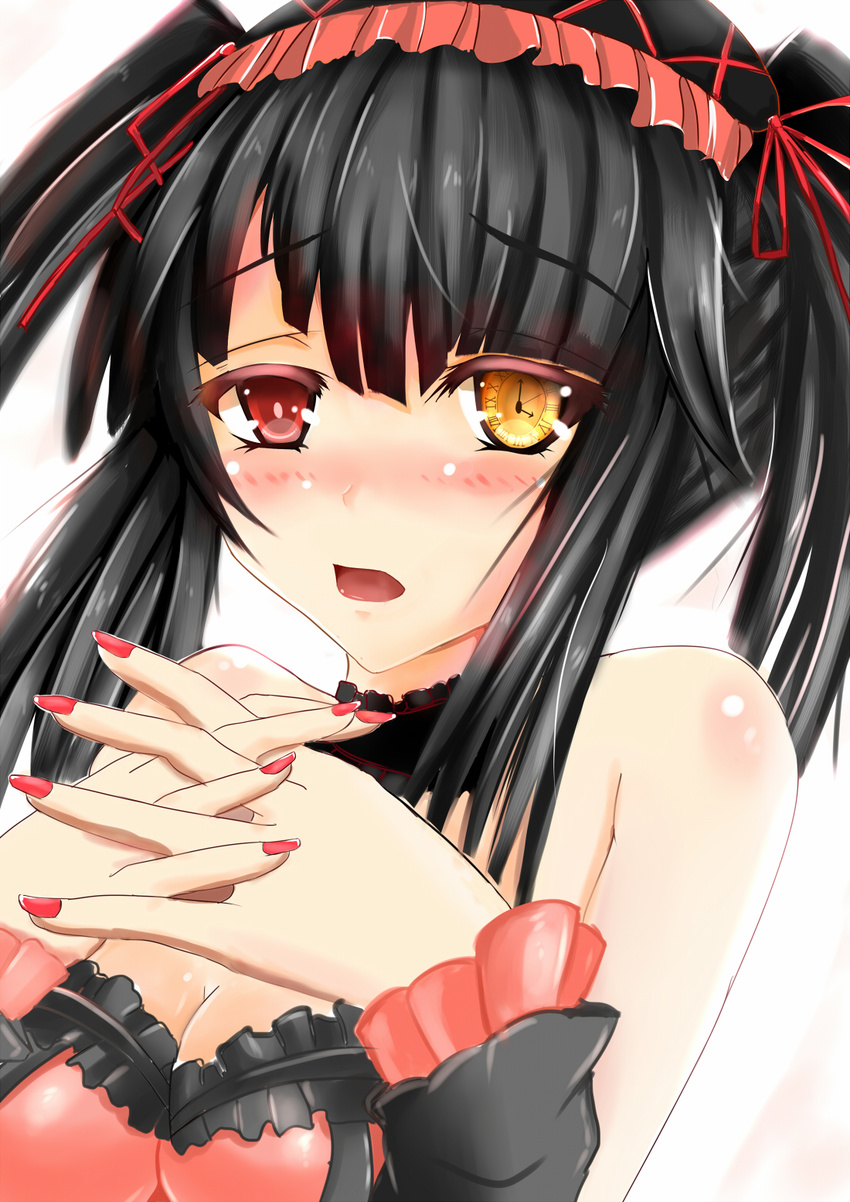 bare_shoulders black_hair blush breasts clock_eyes date_a_live gladius_pvp hairband heterochromia highres lolita_fashion lolita_hairband long_hair looking_at_viewer medium_breasts open_mouth red_eyes simple_background solo symbol-shaped_pupils tokisaki_kurumi twintails white_background yellow_eyes