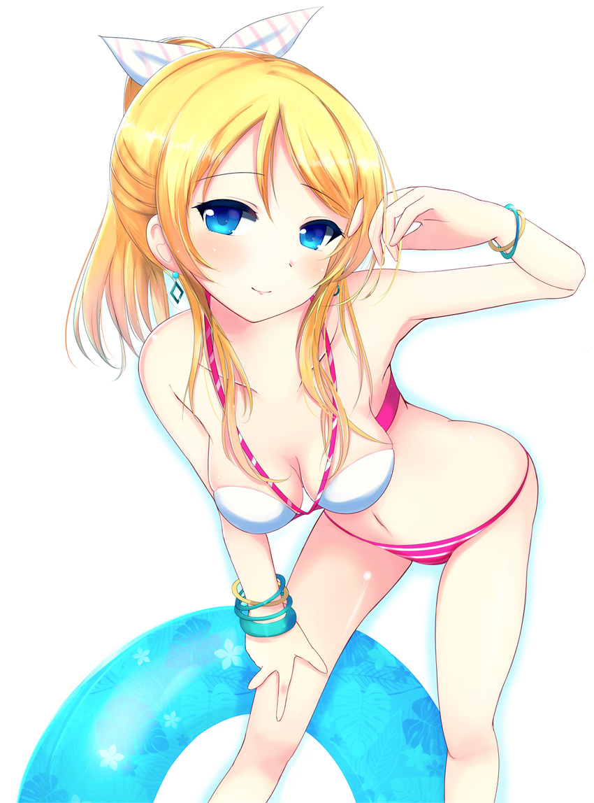 ayase_eli bikini blonde_hair blue_eyes bow bracelet breasts cleavage earrings hair_bow hair_tousle hand_on_thigh highres innertube jewelry kirifrog light_smile long_hair looking_at_viewer love_live! love_live!_school_idol_project medium_breasts navel shiny shiny_skin skindentation smile solo striped striped_bikini swimsuit