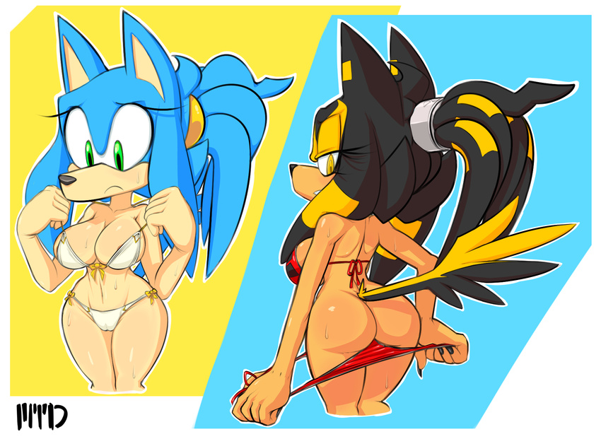 anthro big_breasts big_butt bikini blue_hair breasts butt canine cleavage clothed clothing female green_eyes hair looking_back mammal marthedog navel side_boob swimsuit tight_clothing two_tone_hair yellow_eyes