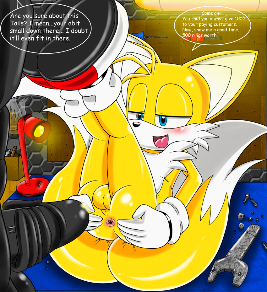 anthro anus balls blue_eyes blush butt canine dialog english_text erection fox fur gay hair imminent_sex male mammal miles_prower multiple_tails nobody147 nude open_mouth orange_hair penis precum presenting presenting_hindquarters sega sonic_(series) spread_butt spreading spreasing text video_games young