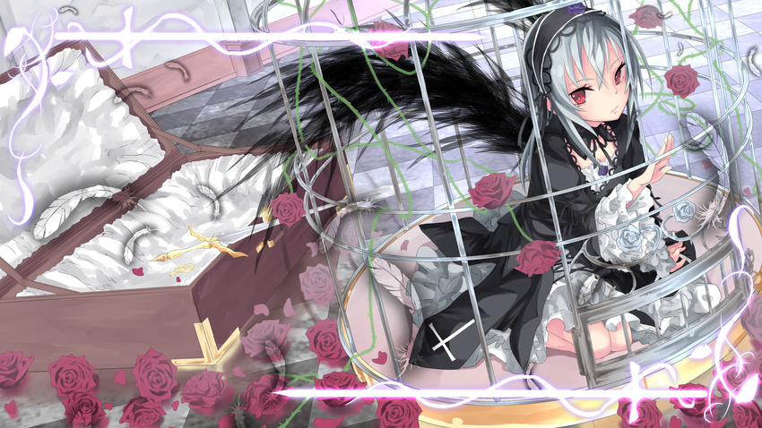 cage flowers goth-loli gray_hair lolita_fashion rose rozen_maiden saraki suigintou wings